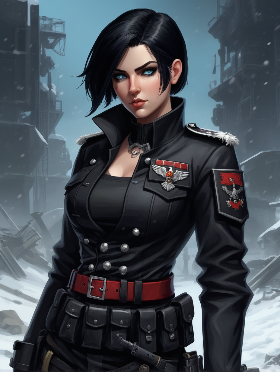 Warhammer 40K young Commissar woman. She has an hourglass shape. She has raven black hair. She has a very short hair style similar to what Maya, from Borderlands 2, has. Dark black uniform. Belt has a lot of pouches, grenades, black pistol magazines, and a black holster attached. Bandolier around waist. Her dark black uniform jacket fits perfectly, fully closed and a single line of buttons. She has a lot of eye shadow. Background scene is snowy trench line. She has icy blue eyes. 