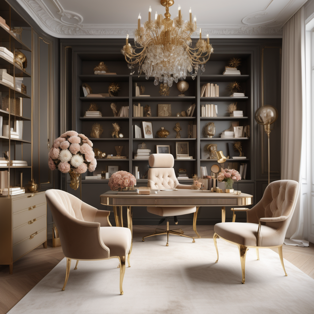 hyperrealistic image of an elegant modern Parisian home office interior with floor to ceiling brass shelves full of trinkets and books, a bouquet of crysanthemum, a crystal chandelier, a  velvet desk chair, a statement piece of art, in a beige, oak and brass colour palette