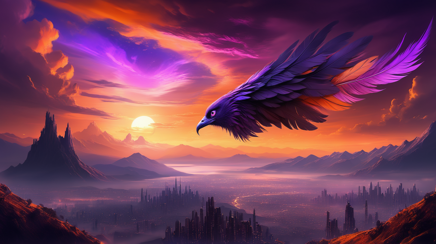 Make a fantasy picture mixed with sci-fi with sky in orange and purple with calm feather clouds at sunset, seen from a hill looking away at amazing view with mountains and here and there advanced small cities in the mountains with lights in windows, inspiration a mix of Bladerunner film and Avatar.