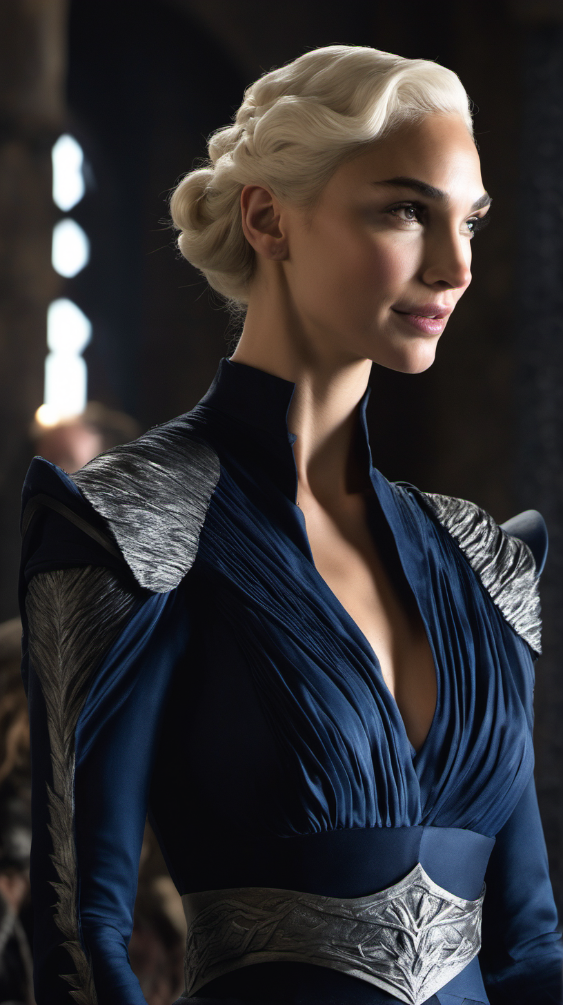 Gal Gadot, with platinum blonde hair in an updo, wearing a long-sleeved, navy evening gown in Game of Thrones. 