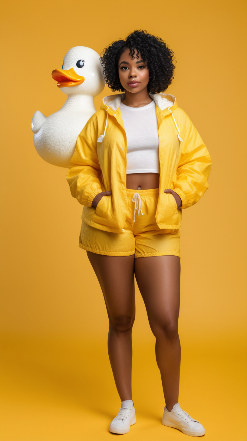  sexy black woman wearing short, curly black hair, wearing seersucker, hooded, windbreaker, wearing cream linen shorts, standing next to life size rubber duck, yellow background, 4k, high definition, full resolution, replicated