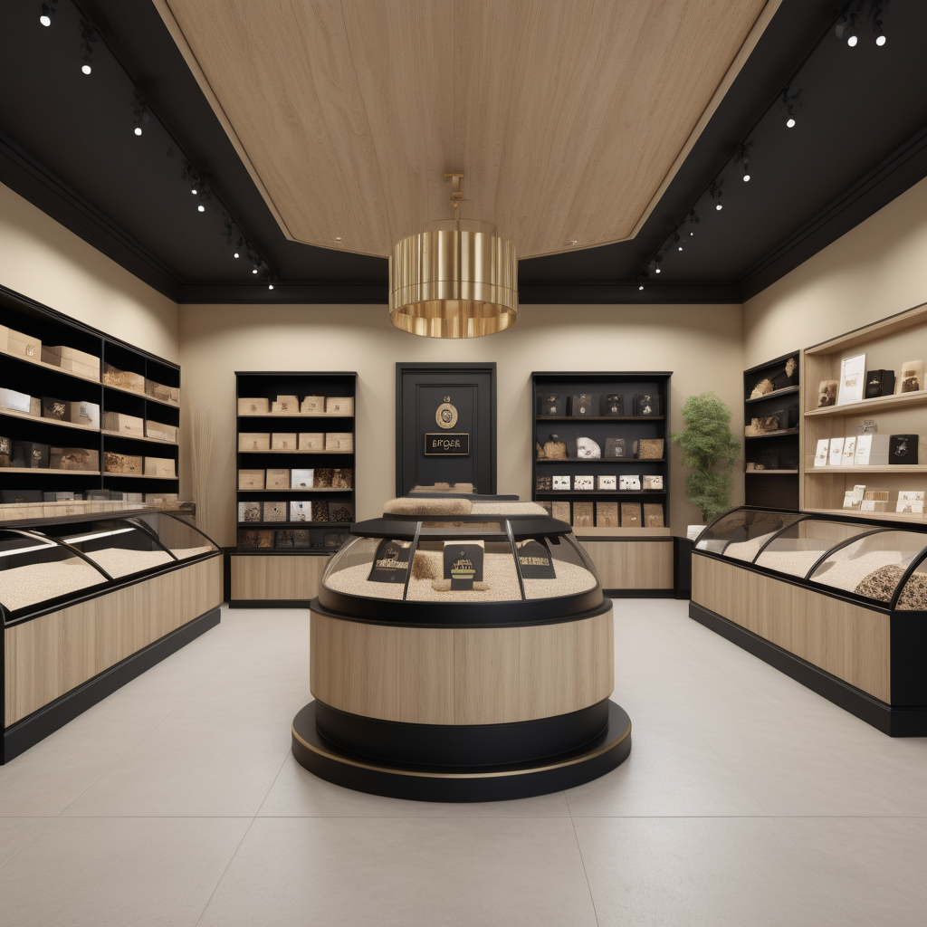 hyperrealistic image of an elegant pet store interior in a beige, oak, brass and black colour palette