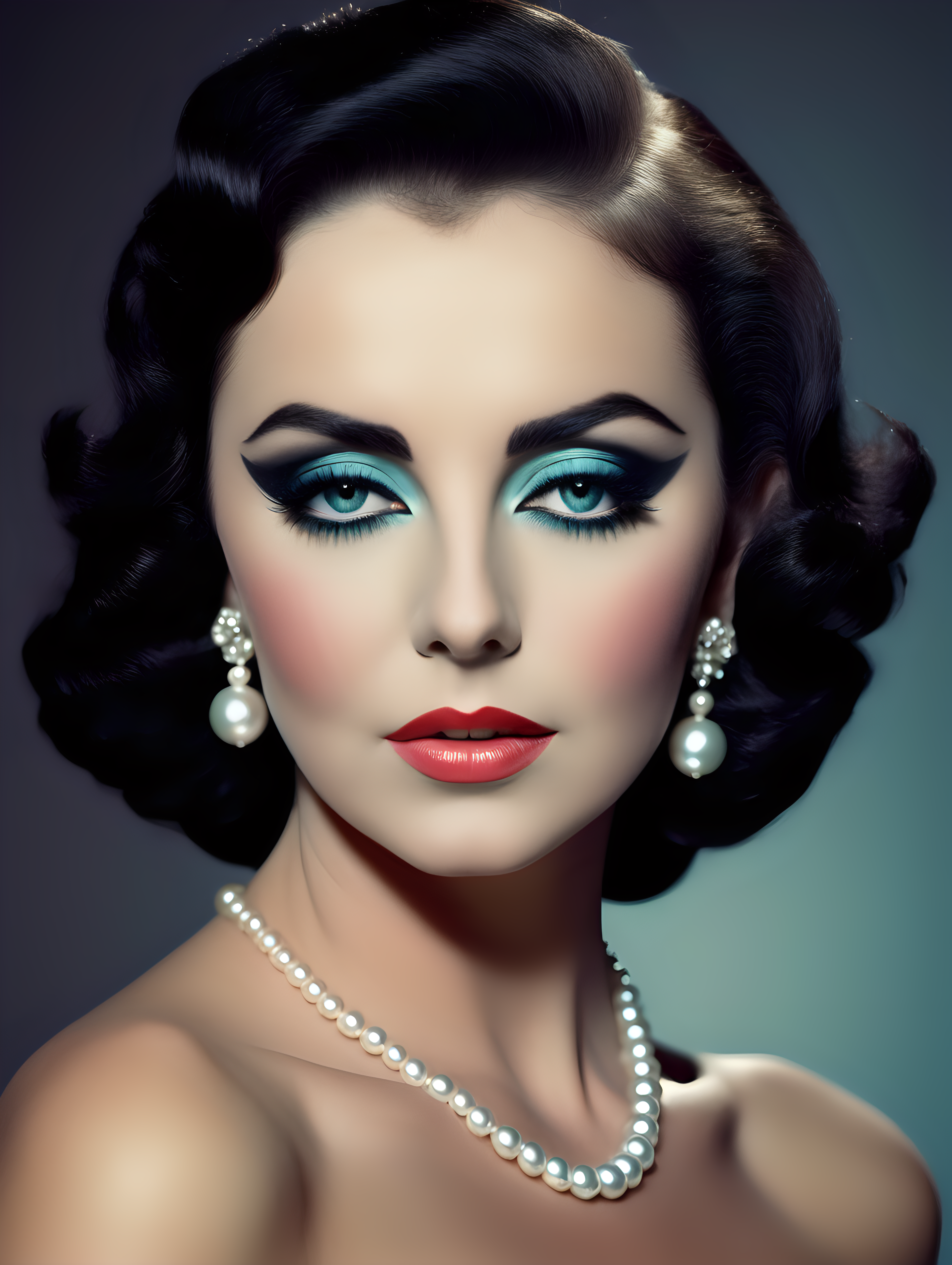 a close up of a nude woman with a black dress and a pearl necklace, perfect colorful eye shadows, inspired by liz taylor, perfect body face and hands, profile picture, images on the sales website, beautiful android woman, muted colour