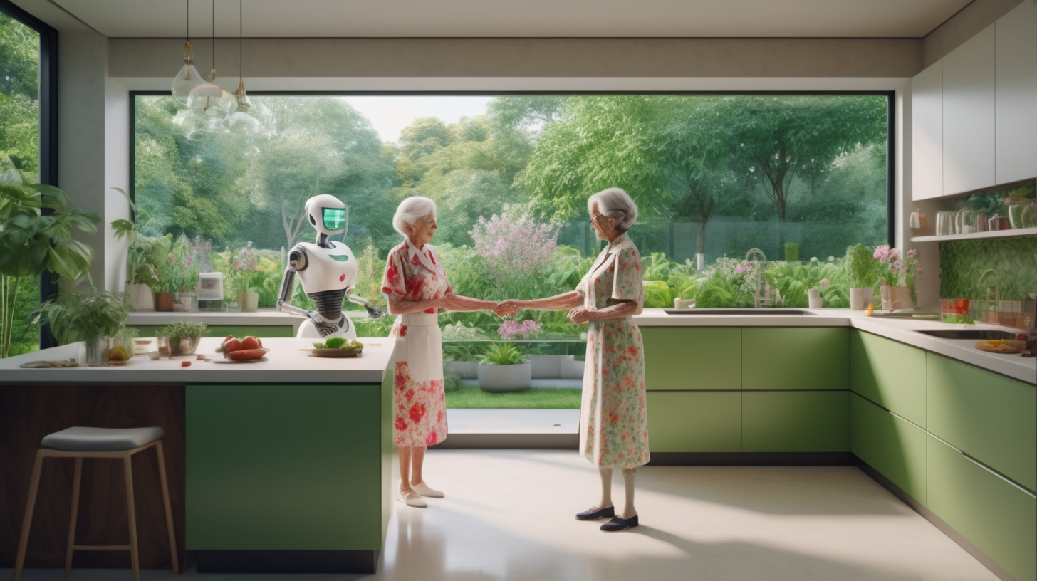 Background: Ultra MOdERN KITCHEN with LARGE window to a very lush green garden. The large window also acts as a display and shows the heart rate of the 80 year of old woman.
There are two characters: a ROBOT nurse and an 80 year-old woman in a lovely floral blouse