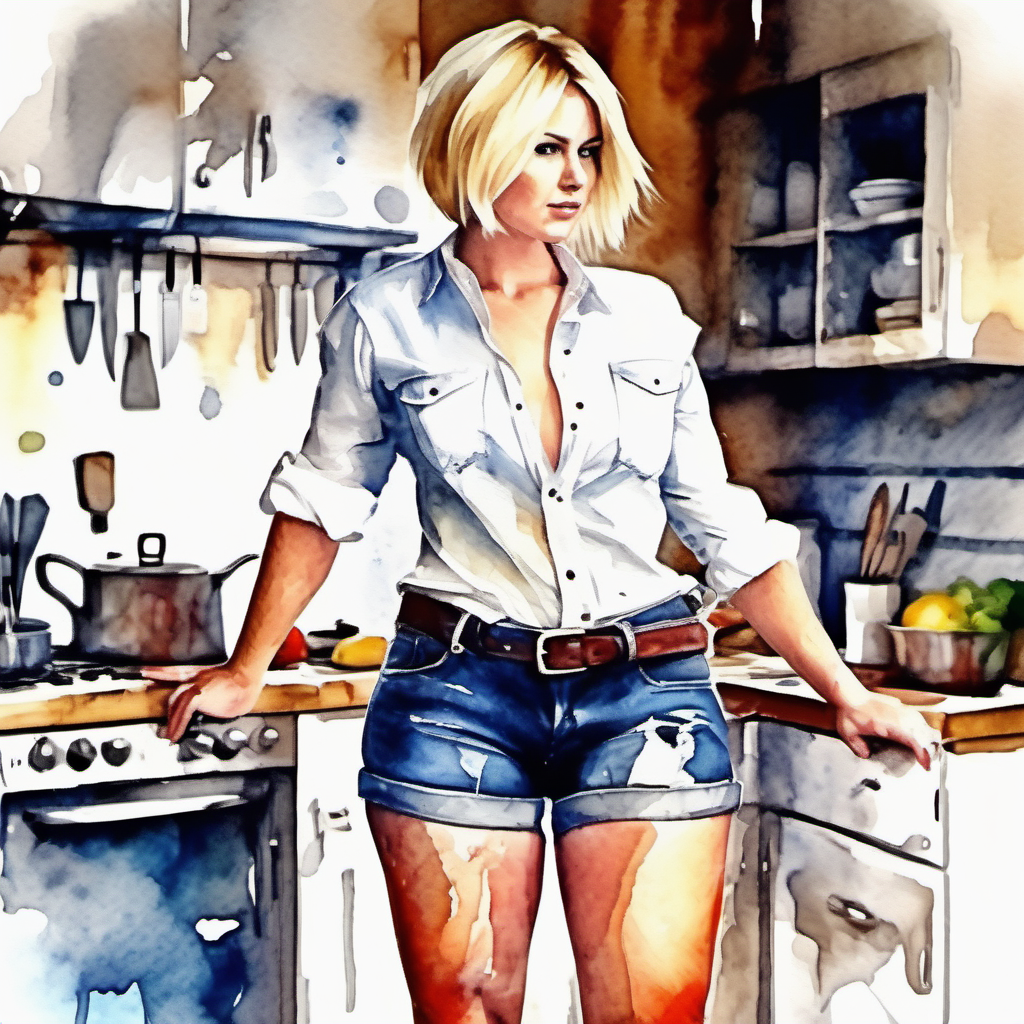 Image pov by curvy  blonde woman ,short hair wearing a jeans short and white shirt  wearing boots , big ass,with a knife in the hands stand, full body,   on the kitchen, image based in watercolor paint.