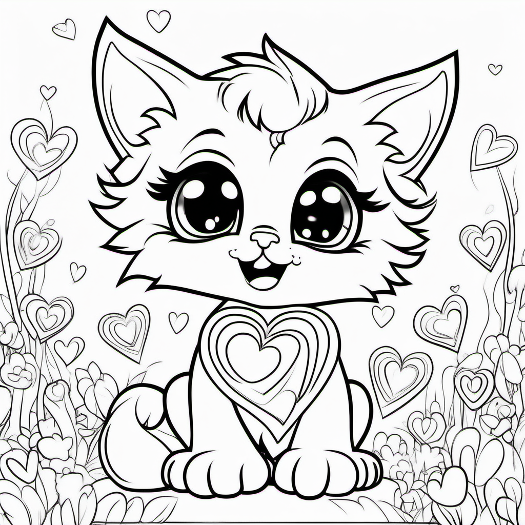 super Adorable little kitten line art coloring book page, valentine hearts, black and white, sweet smile, character full body, so cute, excited, big bright eyes, shiny and fluffy,
fairytale, energetic, playful, incredibly high detail, 16k, octane rendering, gorgeous, ultra wide angle.