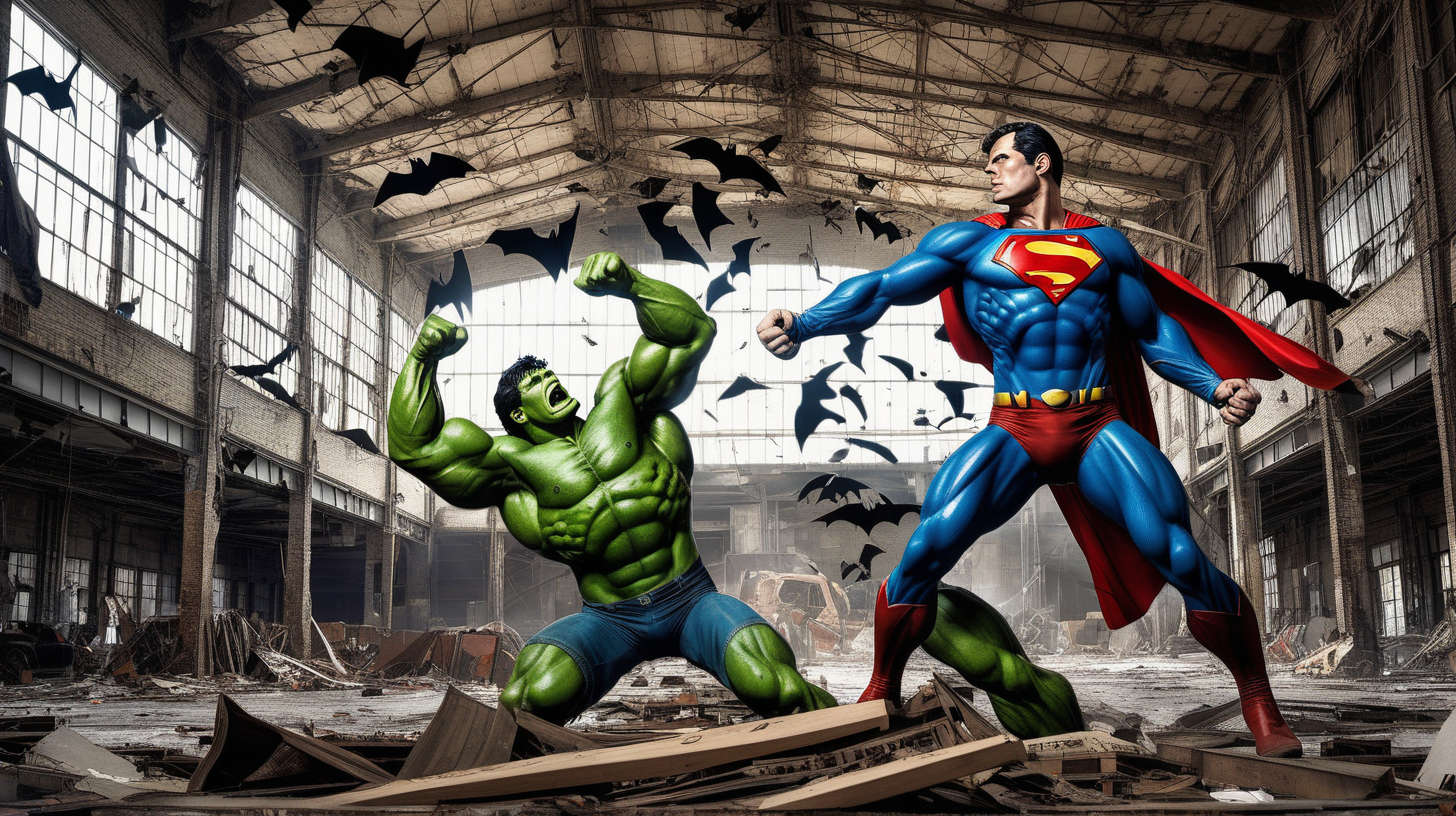Superman fights the hulk in an abandon guitar factory with bats flying overhead