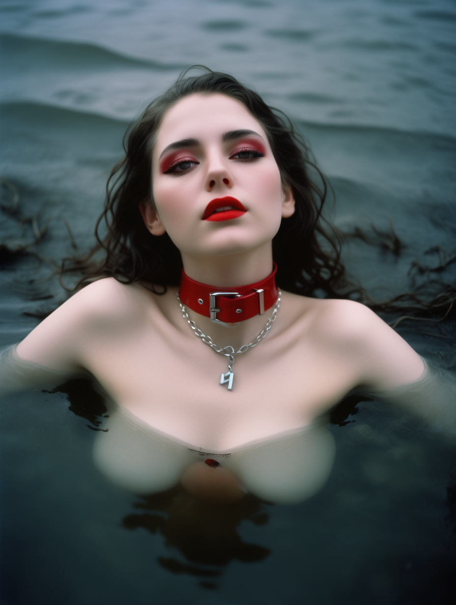 (seductive:1. 1) (21. 3) year old (woman:1. 1) (lying:1. 1) in clear shallow water, (dark:1. 2) wavy hair. (She is wearing a BDSM (red choker:1. 1) She is (sensual:1. 4) and (glistening:1. 2). The scene is shot with (Kodakportra1600:1. 1) (filmgrain:1. 1) (Analogcamera:1. 1) (Sharpdetails:1. 1) (50mm:1. 1)