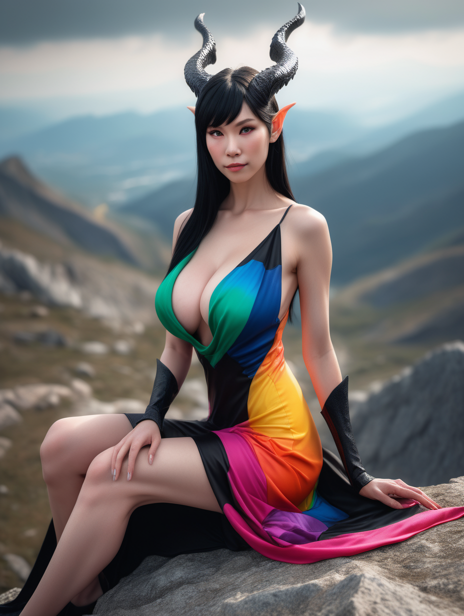 ultra-realistic high resolution and highly detailed adult film photoshoot of a slender female human dragon, with sleek pointy black horns gently swept straight backwards over head, with massive breasts, colourful open front loose dress, sitting on a mountain top