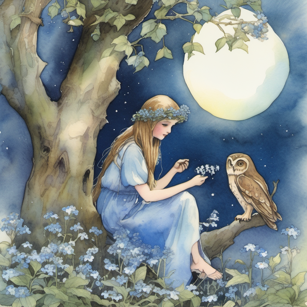 a watercolor forget-me-not flower fairy in the style of Cicely Mary Barker talking to a wise old owl under the moonlight.  They are both surrounded by forget-me-nots and greenery. The wise old owl is sitting in a tall tree and looks very serene and full of wisdom.