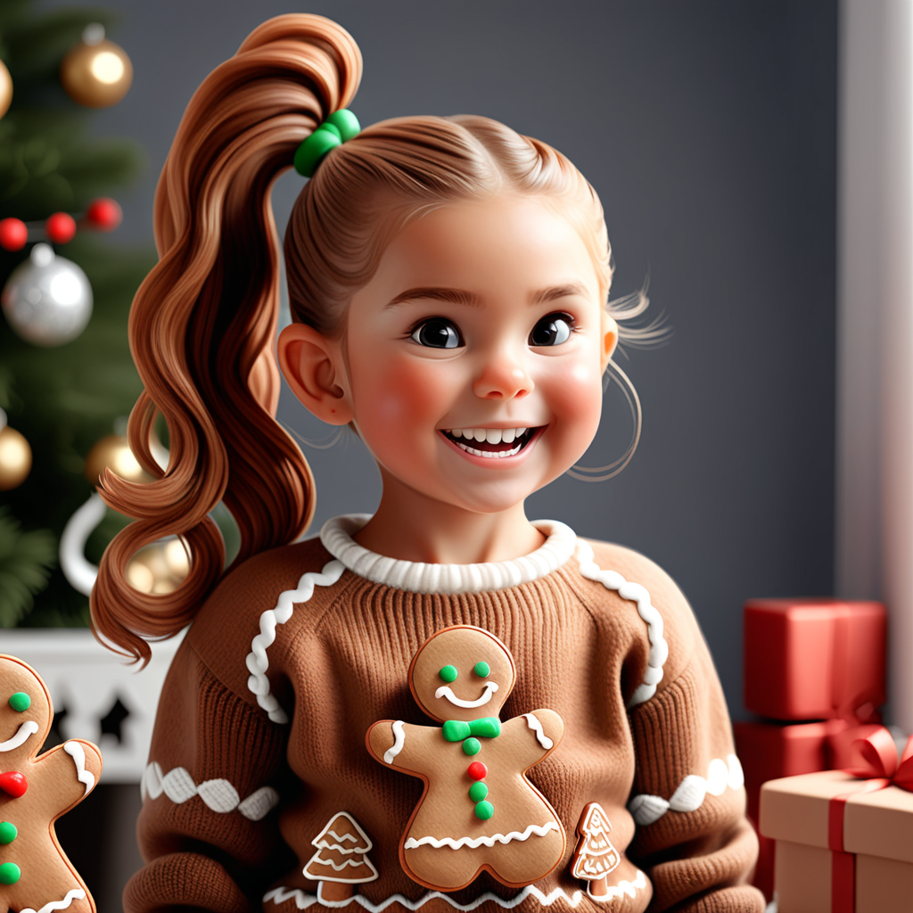little girl with gingerbread sweater and ponytail