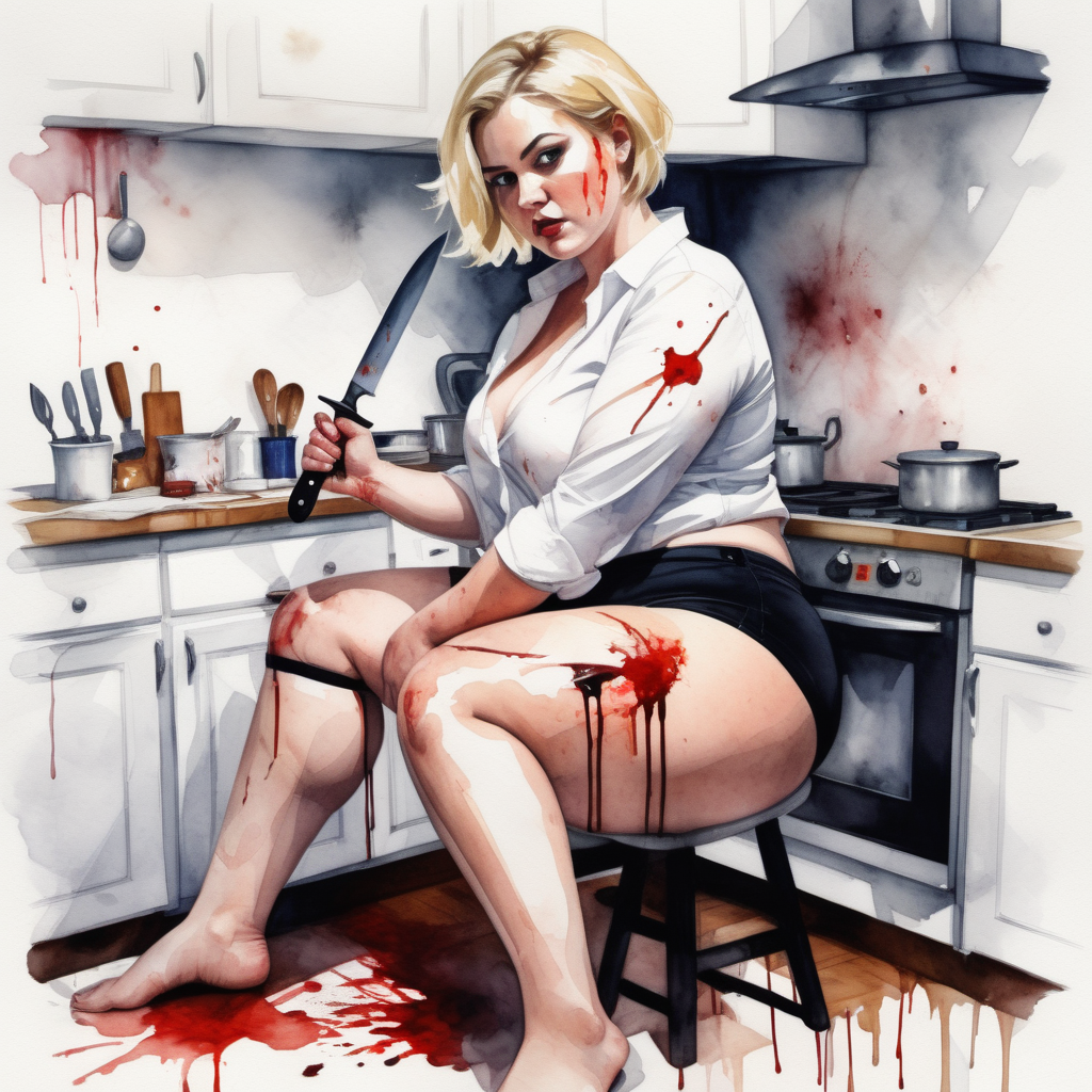 sexy big curvy blonde woman, with wide hips, thick legs, short hair, wearing black panties and a white shirt, in the kitchen, sitting on a pillow with her legs open, holding a blood-stained knife, image based in watercolor paint.
