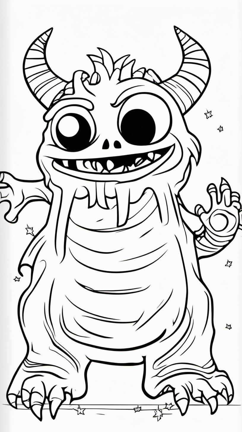 A coloring book for children consisting of 80 pages about a monster at a Halloween party, a white background without shadows, and the drawing is in black, with a precise line in English.