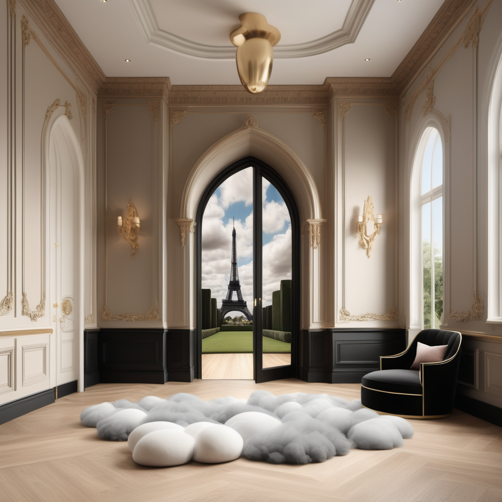 a hyperrealistic image of a grand Modern Parisian  cloud like fantasy castle playroom in a beige oak brass and black colour palette with floor to ceiling windows that blend into the walls and a door leading to the manicured gardens