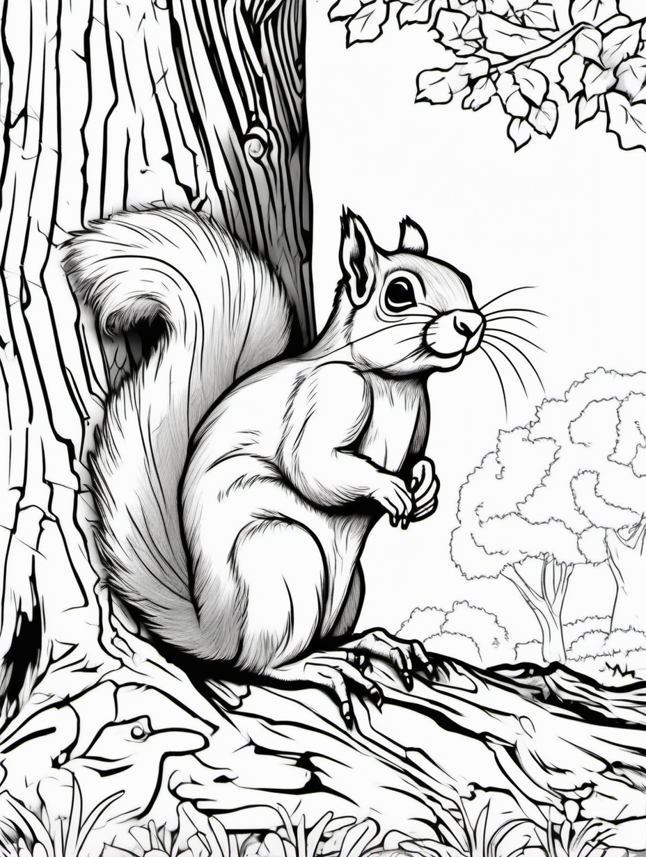 squirl near a tree in the park, coloring page, low details, no colors, no shadows