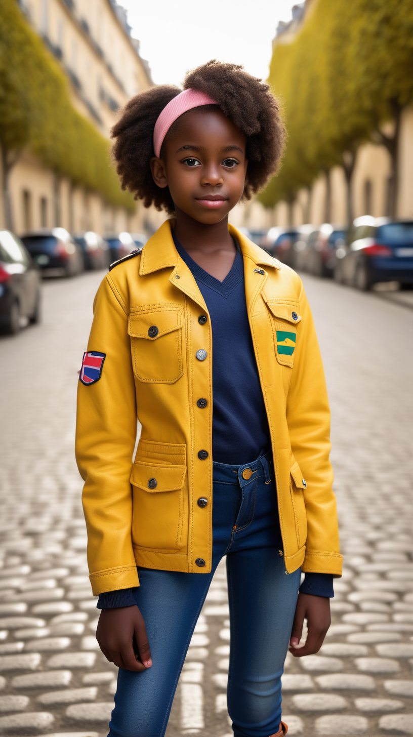 A cute, teen aged dark skinned. black girl , wearing a yellow, 3/4 leather safari jacket, with  African flag patch on the center back, light pink V Neck sweater, wearing tight, Navy Blue Jeggings with African print on one side, standing in France, holding a small, toy race car, 4k, realism, high definition clarity, brilliant early morning sunshine background