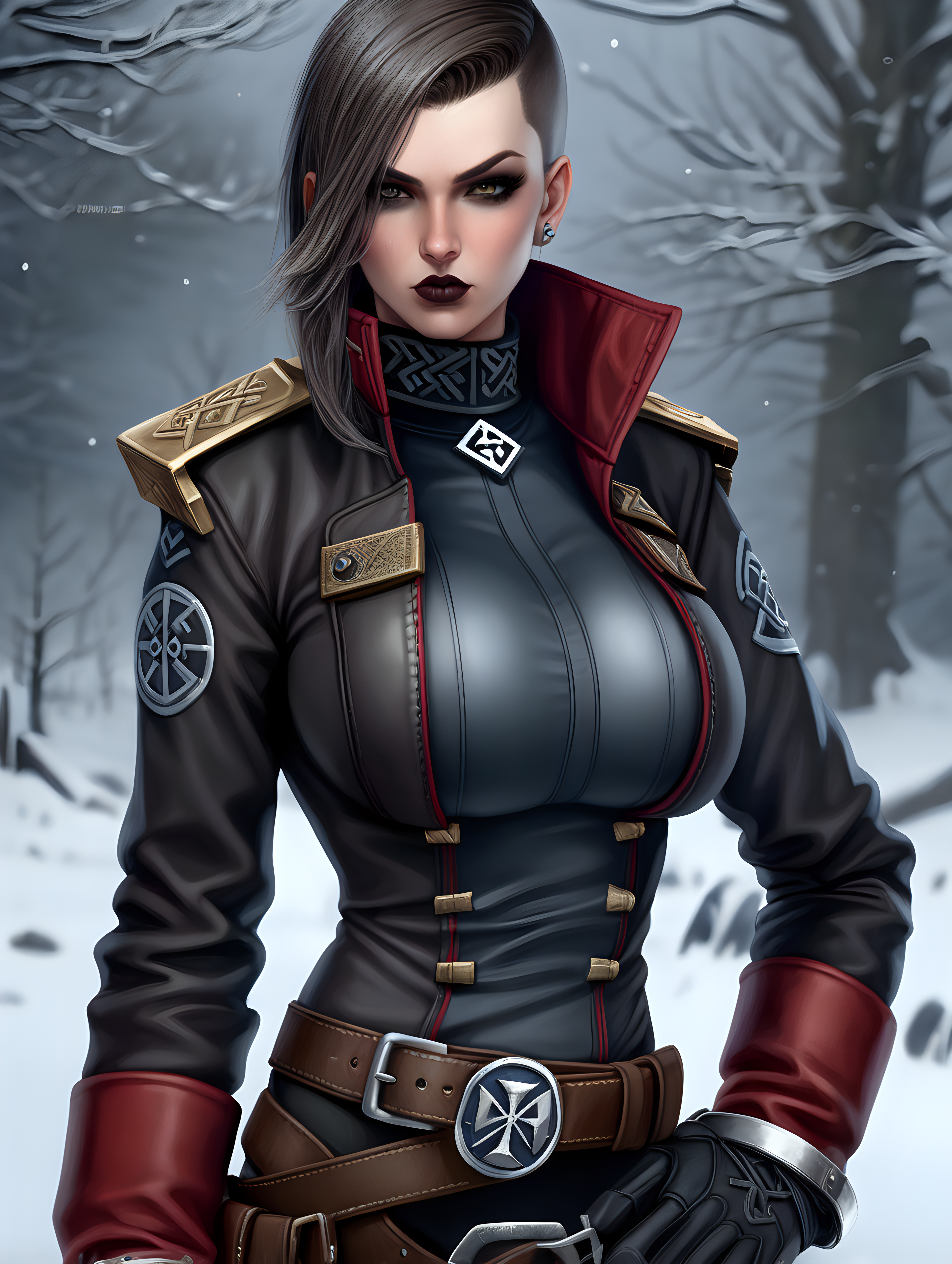 Warhammer 40K young very busty Commissar woman. She has an hourglass shape. She has a very short hair style similar to what Maya, from Borderlands 2, has. Dark brown belt has a lot of pouches. Dark brown bandolier around waist. Her dark brown drab leather uniform jacket fits perfectly. Her jacket is short. She has heavy black eye shadow. Background scene is snowy Nordic village. She has dark grey colored eyes. Her uniform has Norse runes. All of her clothes is skin tight. Odin's knot runes are on the collar of her latex turtleneck uniform shirt. She has faded grey matte lipstick. She has tactical gloves on. Norse knots wrapped around jacket cuffs and epaulettes. She has pale skin. She has faded brown hair with dark grey hair tip highlights. Her latex turtleneck shirt molds to her massive breasts perfectly.