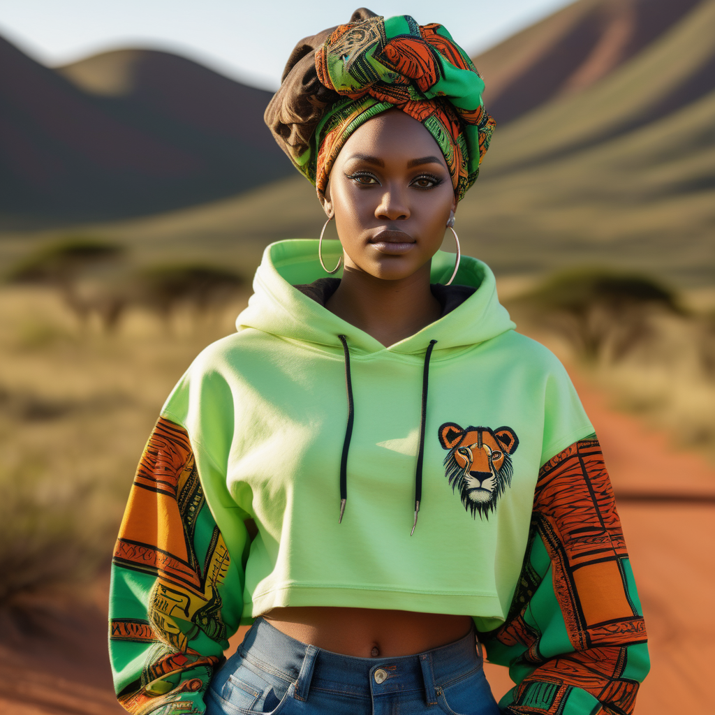 Beautiful Black woman with tribal markings on her eyes and forehead, wearing a multi color African headwrap and African print Skirt, cropped light flourescent green cotton hoodie that has a tie at the midsection, wearing denim with African print material  inside the pockets,  Vibrant images that represent African heritage, In the sernegetti, looking to the left, holding a lion cub, view looking straight at , 4k, high definition, high resolution, light source from above right