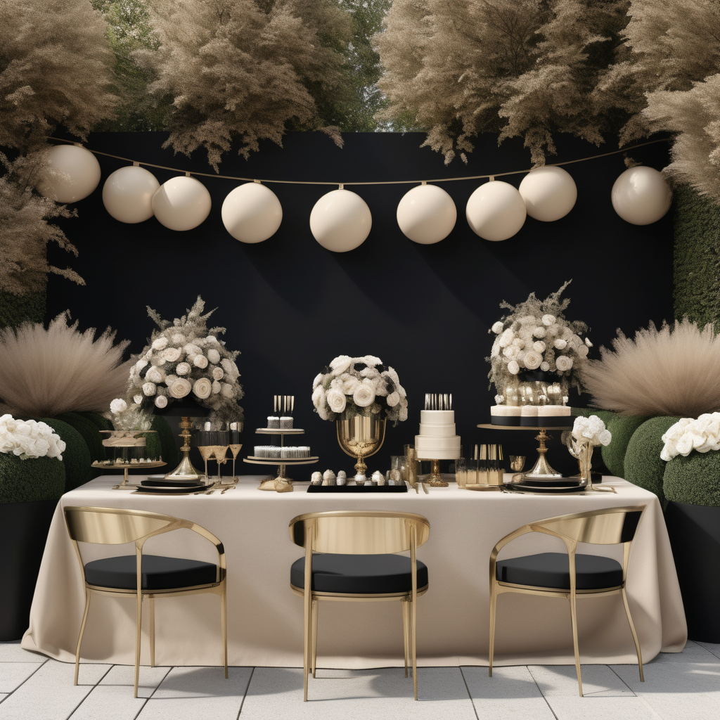 a hyperrealistic image of a grand Modern Parisian garden party in a beige oak brass and black colour palette