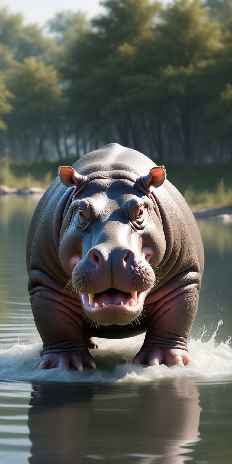 Realistic aggressive hippo by a lake