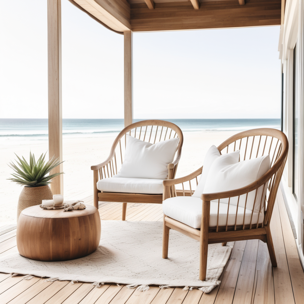 Timber casual chair with white cushions at boho beach house