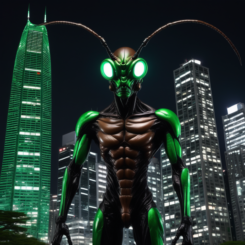 Japanese human insect mutant hybrid, green black and brown, skyscrapers, Japan, night