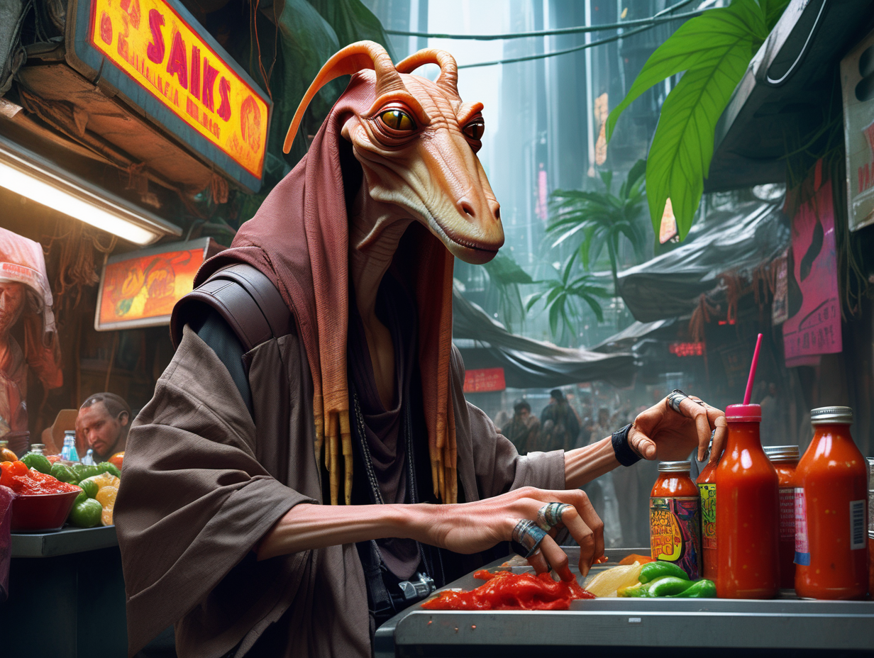 jar jar binks as a hot sauce street vendor in cyberpunk jungle