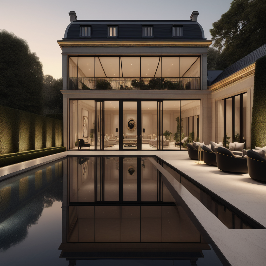 a hyperrealistic of an elegant Modern Parisian estate home pool room at dusk with mood lighting, floor to ceiling windows with a view of  the manicured gardens , in a beige oak brass and black colour palette 
