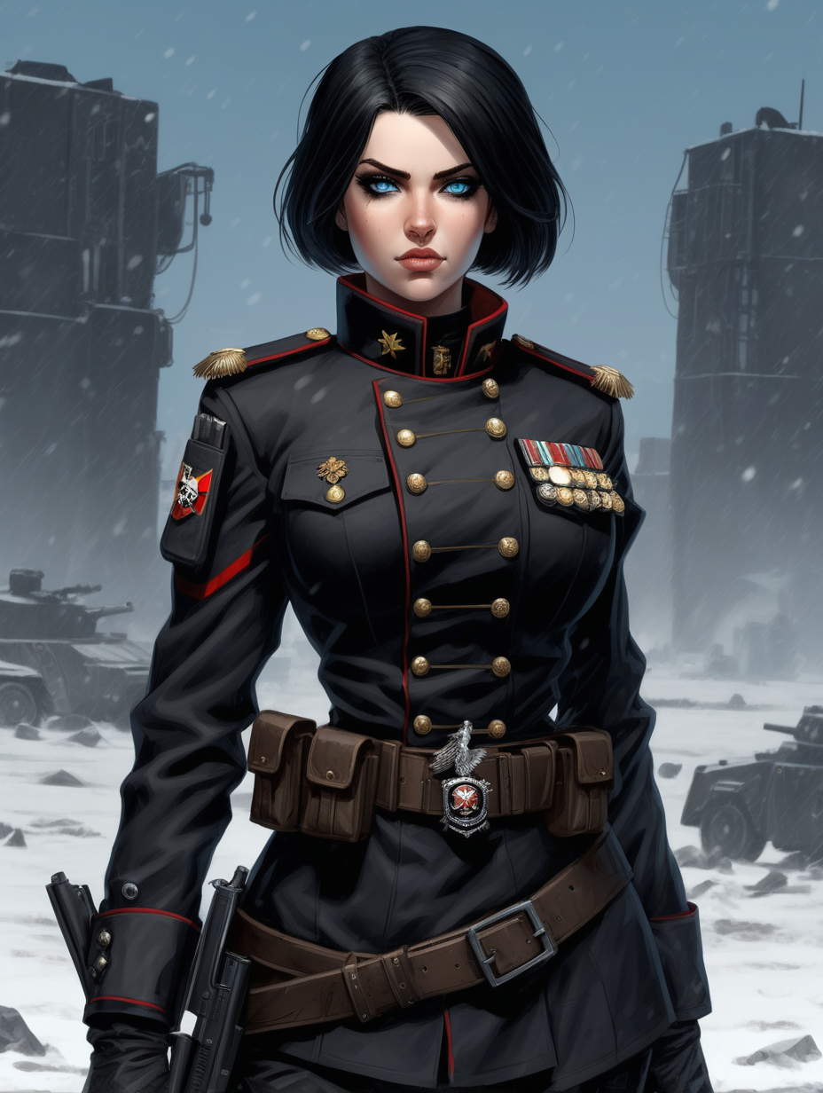 Warhammer 40K young Commissar woman. She has an hourglass shape. She has a calm facial expression. She has raven black hair. She has a short haircut similar to Maya's from Borderlands 2. Dark black uniform styled like the United States Marine Corp dress uniform. She has icy blue eyes. Dark brown belt has a lot of dark brown pouches, grenades, black pistol magazines, and a black holster attached. Bandolier around waist. Her dark black uniform jacket fits perfectly, fully closed and buttoned up. She has a lot of eye shadow. Background scene is a snowing, trenches and destroyed artillery guns can be seen.