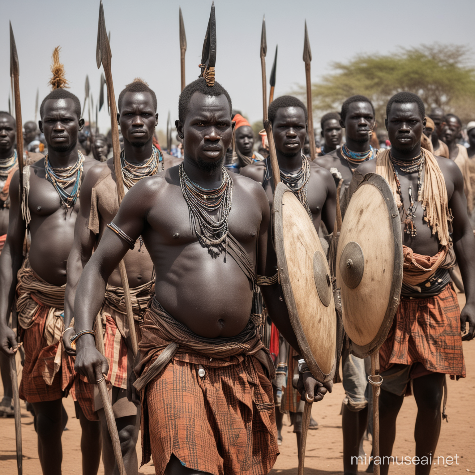 very fat South Sudanese warriors muscular with spears and shields