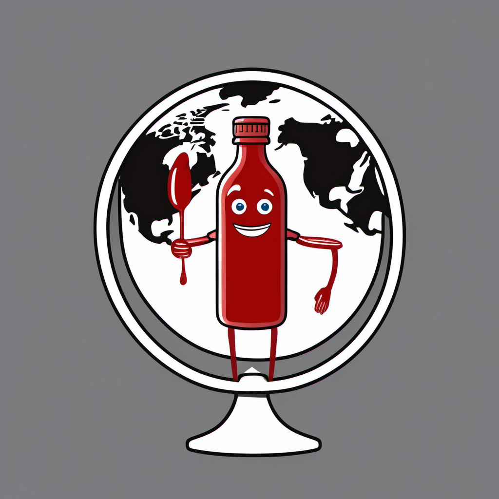A 2D logo containing a ketchup bottle with arms and legs and a face, and a body like a Greek god. It is holding up a globe with it's hands.