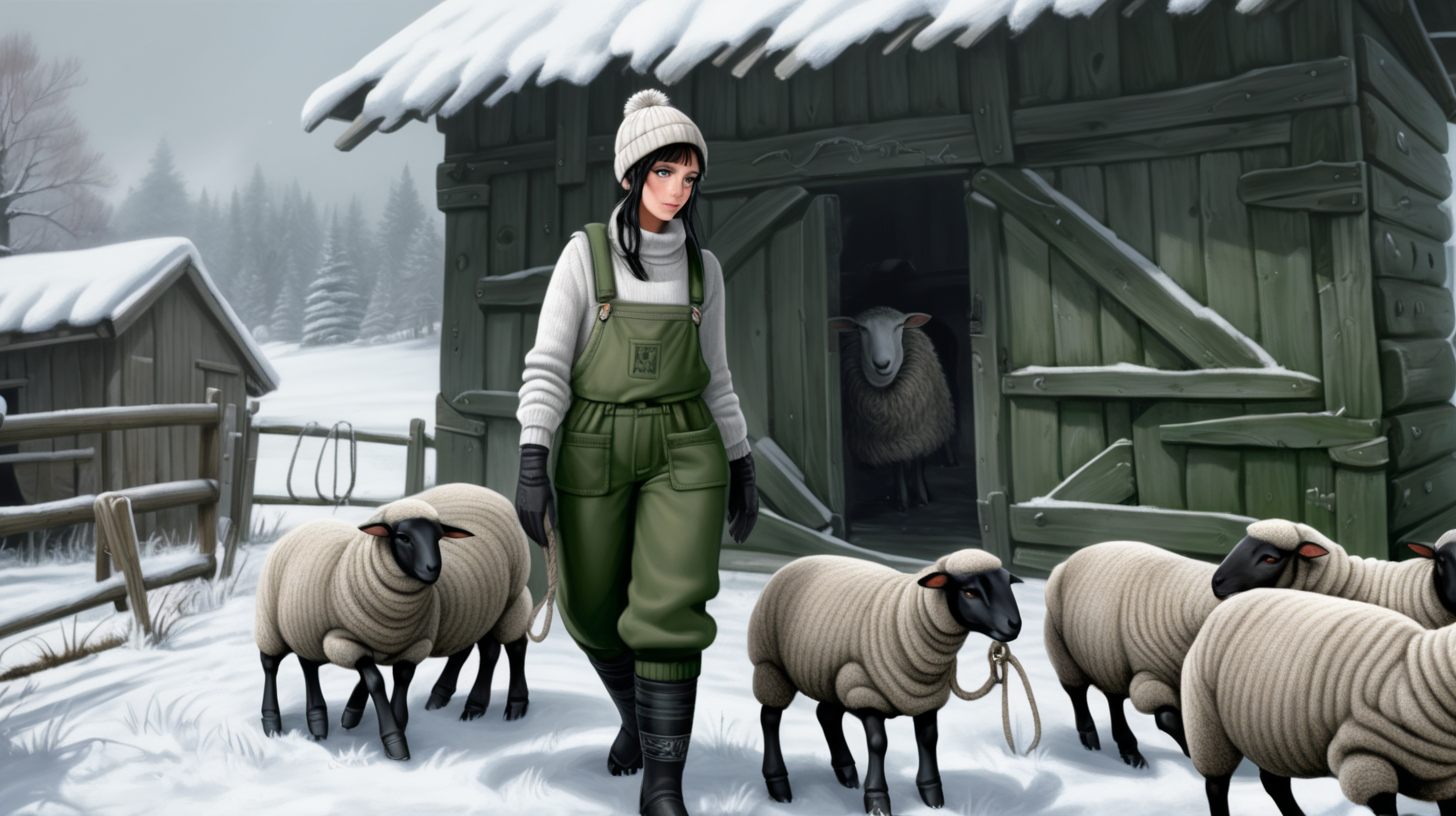 A hot girl black-haired  with green eyes works in a sheep farm. Darkness, cold and lots of snow and deep mud. A wooden hut, a cowshed. She works in front of them and feeds the sheeps. She is wearing short  to ankle black rubber boots with hand-knitted muddy woolen socks sticking out of them and knitted gaiters. He wears work black  working trousers, stained with mud. She is wearing a thick knitted white woolen long-sleeved brown chunky sweater - torn and muddy. On top of it, she wore a Turkish dark green knitted vest with buttons and side pockets. On top of all this is a sleeveless quilt in a dirty green color. There are knitted gloves, a knitted hat in white and gray. She wrapped a hemp rope around her waist . He works with the animals and feed them. Girl wearing is so tick - as she goes to north pole. There in the sky is DEATH STAR from Star Wars. Robots running to farm. Many robots covered in red .