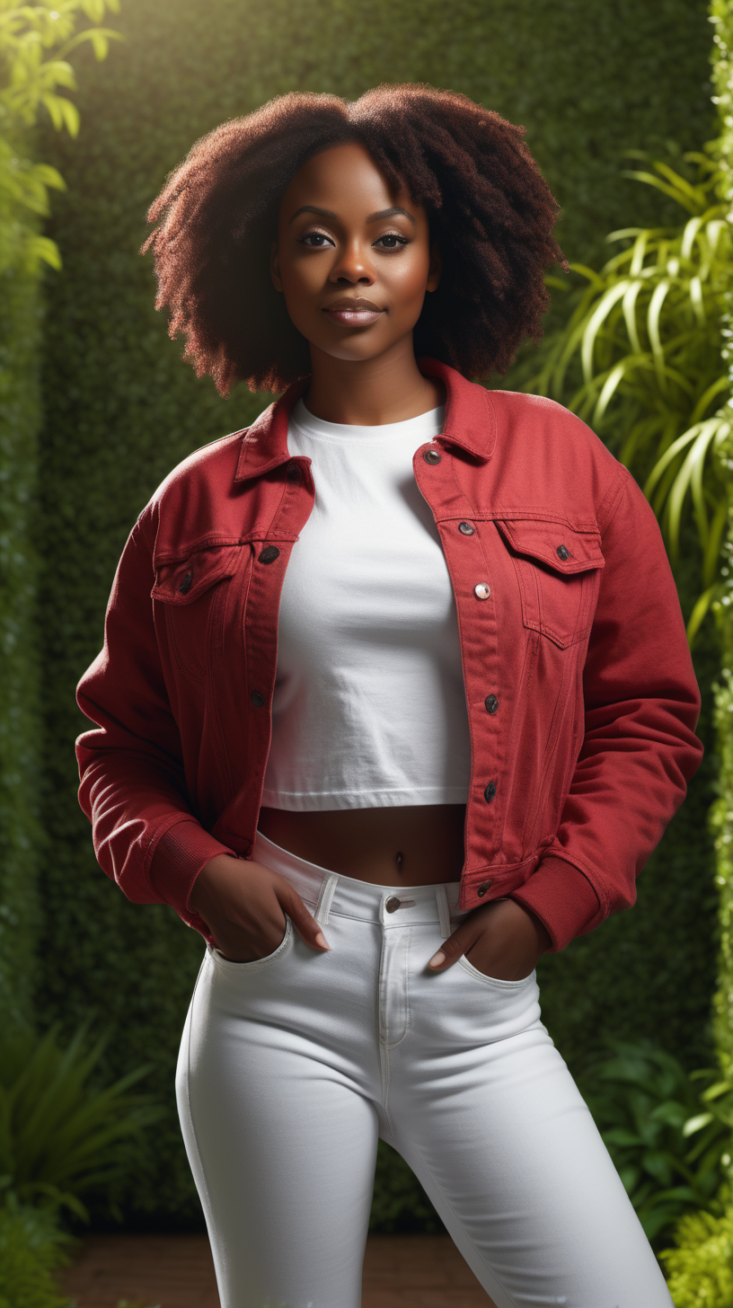 A beautiful, Black woman, standing against a lush garden background, Facing the camera straight ahead, wearing a Heather Red, long sleeve, tee shirt, wearing a white, denim jacket, lighting is over the left shoulder, from behind, pointing down ultra 4k render, high definition, deep shadows