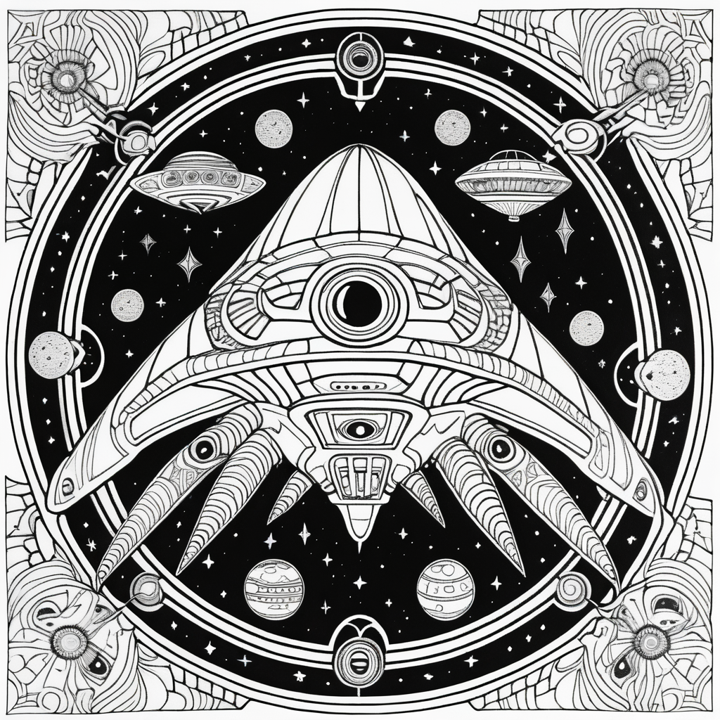 adult coloring book, black & white, clear lines, detailed, symmetrical mandala evil alien spaceship galaxy