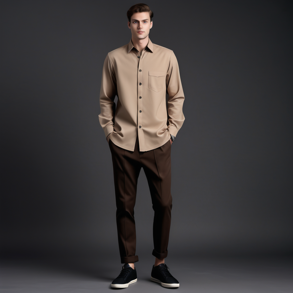 men seller, beige long sleeve shirt, brown	binding, brown shirt button, dark brown classic pant, black sneaker, full body, grey background, modern fashion, uniform design 