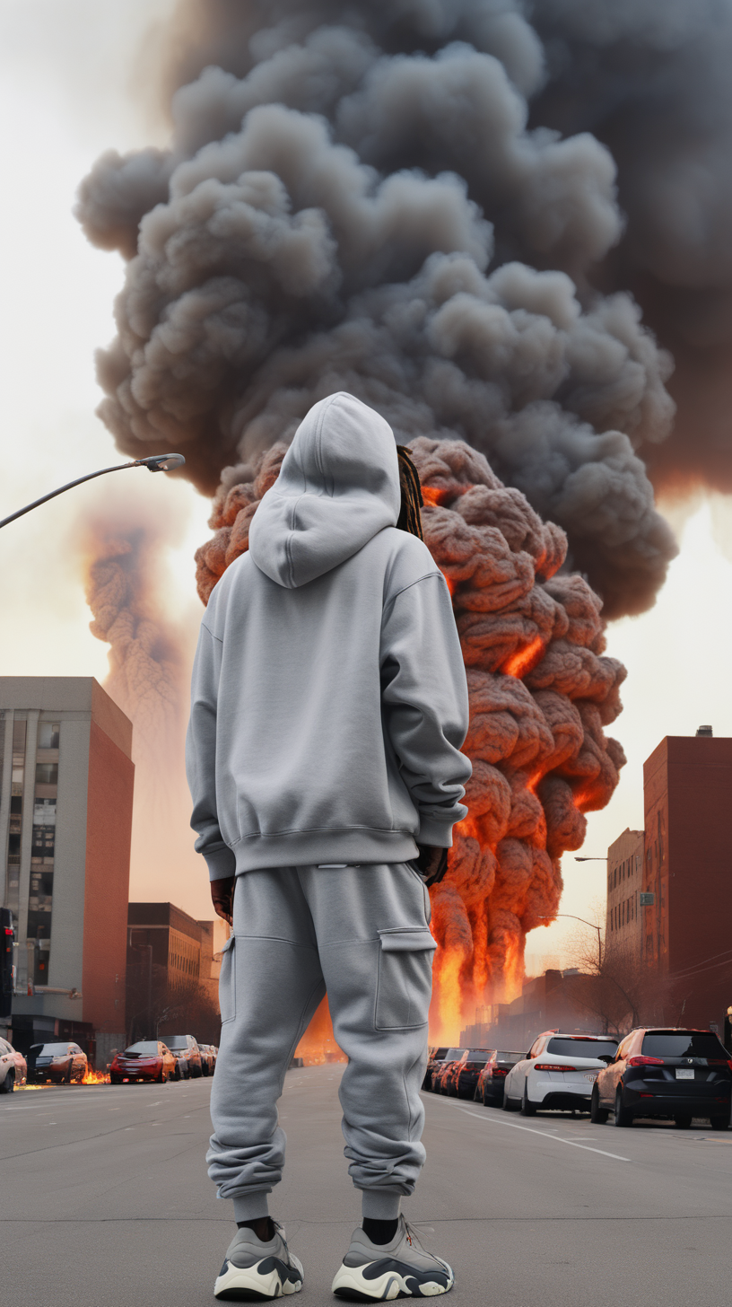 a man with dreads wearing yeezy 700 sneakers with a grey hoodie and grey sweatpants holding a cinema camera looking at a metropolitan city on fire while the people are running away from the fire with realistic drones flying in the sky overcast in the sky