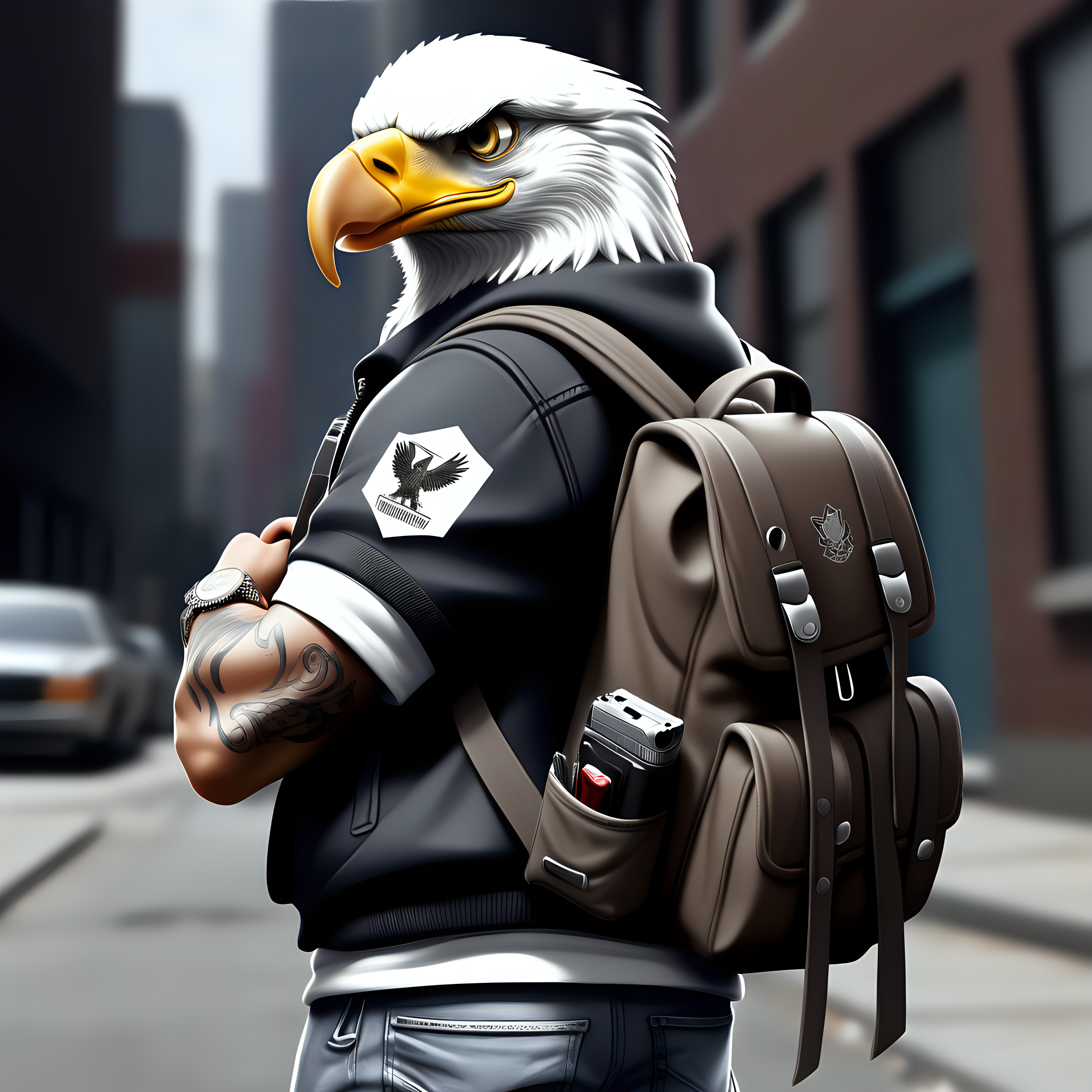 draw a street gangster eagle wearing a backpack while holding a 9mm