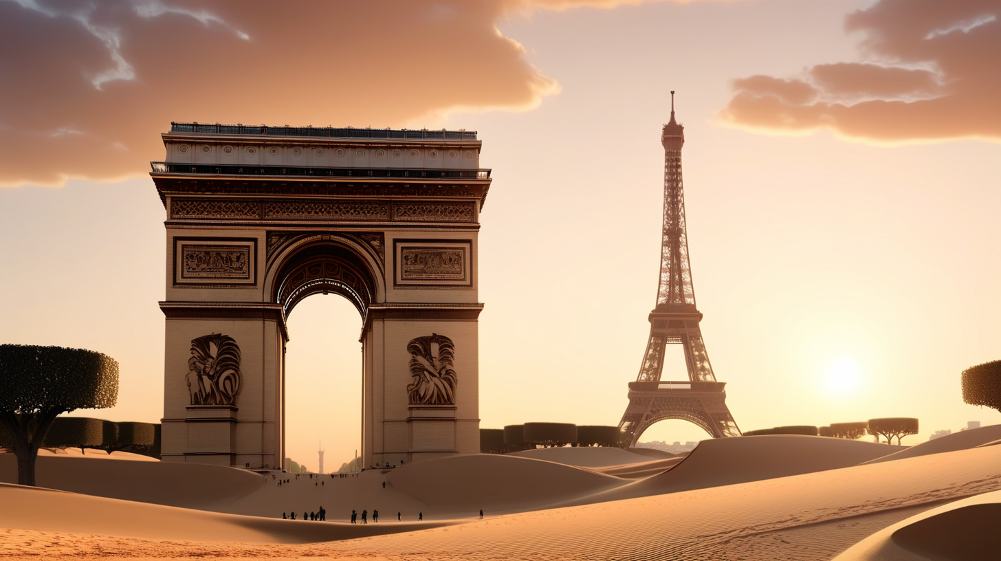 La tour effeil  en arriere plan, l'arc de triomphe de paris  à gauche plan milieu, les deux ensablés dans un désert de dune sous un soleil couchant