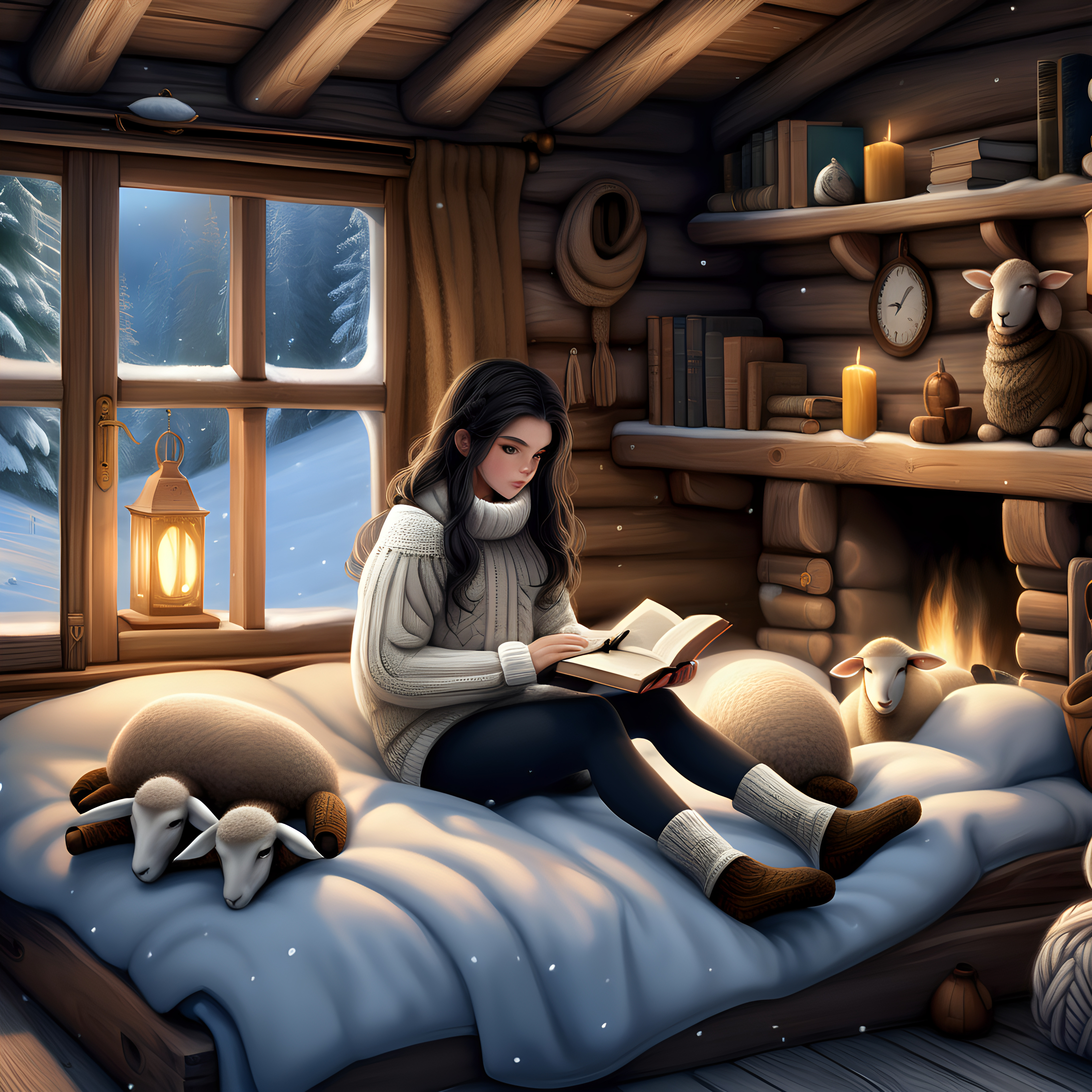 Deep winter . Its dark night - only yellow moon on sky and few blinks of light in the snowy tree crowns. Inside cozy wooden winter cabin with small windows hot girl with black hair and green eyes lay on wooden low bed covered with brownish soft and mossy lamb skin. There is a big and hot stone fireplace.  Bed is covered with knitted woolen blankets in brown and white. Girl wearing black leggings tights, wrinkled knitted white and brown woolen socks. White without sleeves thick and coarsely woven sweater, knitted woven handmade slippers. Around laying some sci-fi books, unfinished knitted socks - many pairs. Near the wooden door with small windows are thick rubber boots, shotgun, shells, big knife.