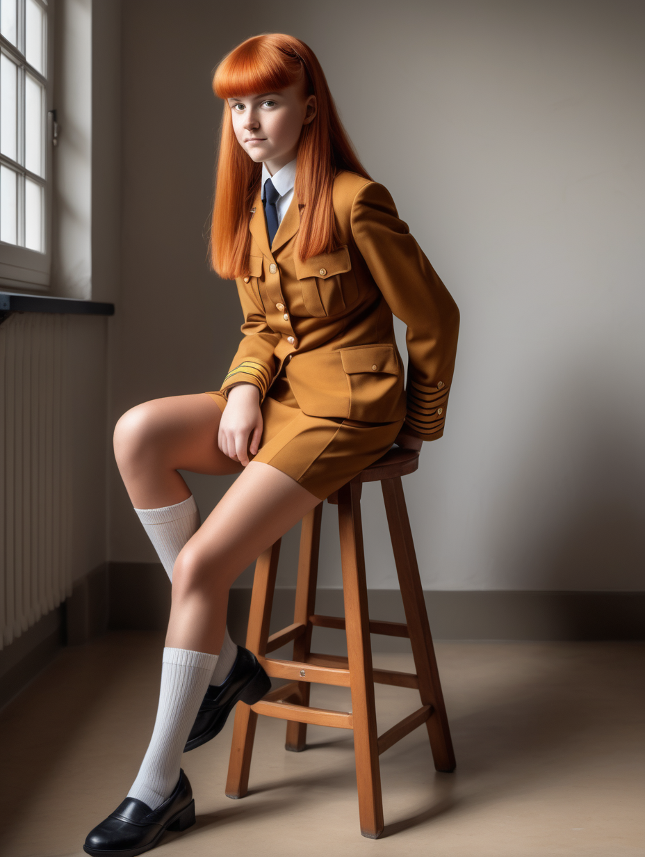 Red haired woman, with hair tied back and hair fringe and freckles. Wearing school uniform, plaid skirt and showing crossed legs. Sitting on stool in lunchroom
