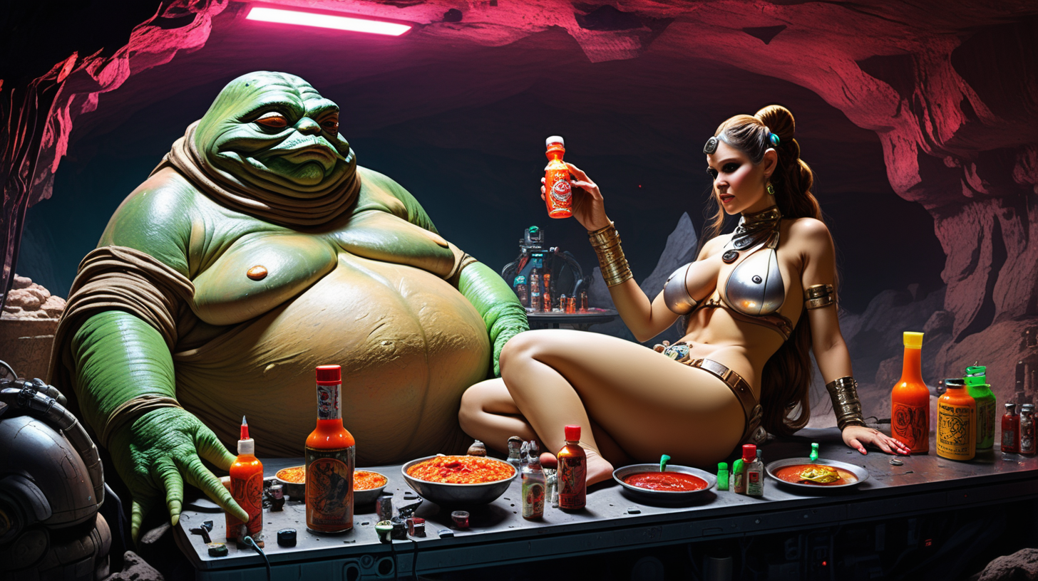 jabba and sexy slave leia in cyberpunk cave with hot sauce table