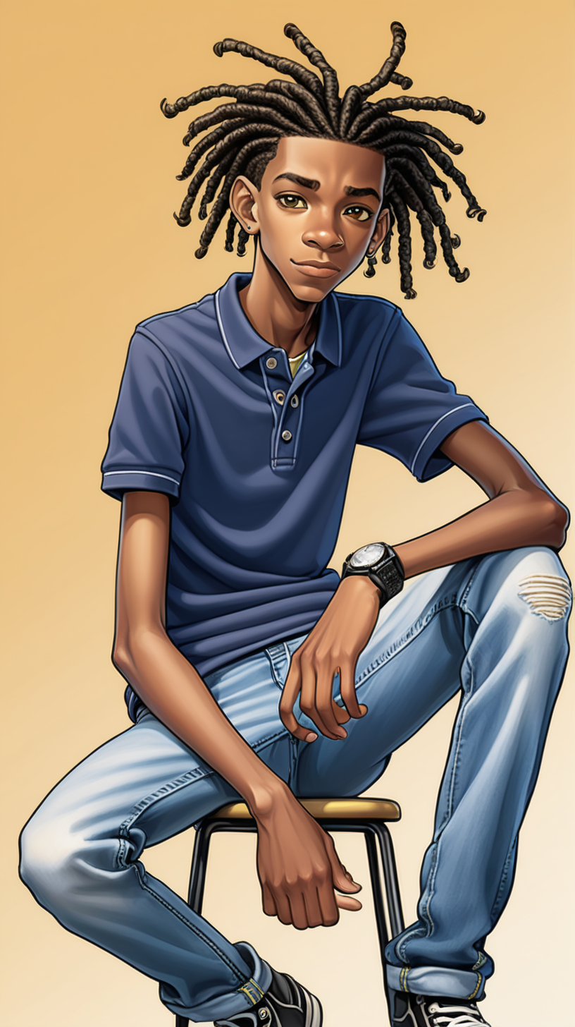 
comic-style 16-year-old black Jamaican teen boy who is tall, thin with short dreadlocks wearing a polo shirt with jeans sitting. make background plain

