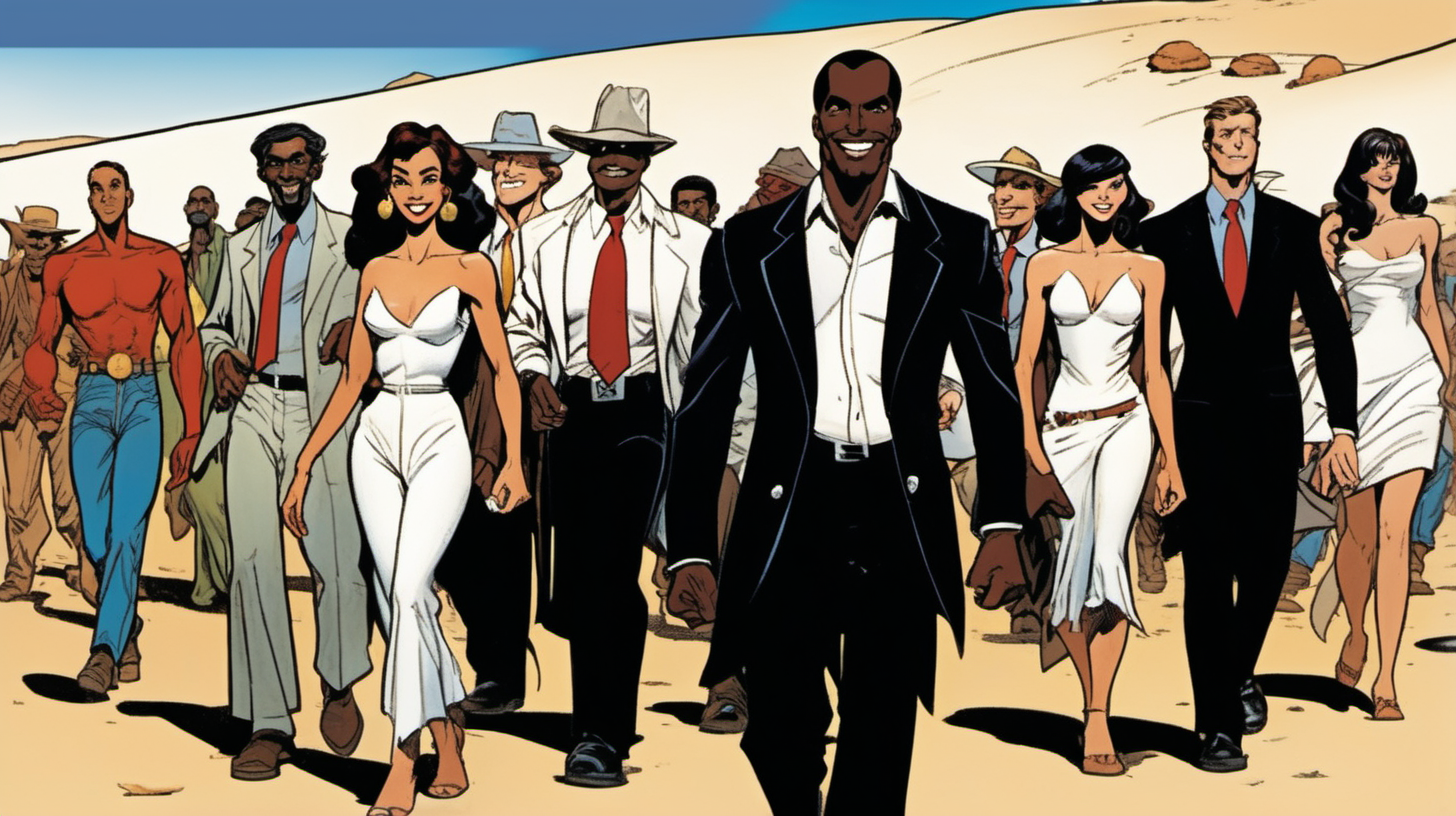 two black & spanish men with a smile leading a group of gorgeous and ethereal white,spanish, & black mixed men & women with earthy skin, walking in a desert with his colleagues, in full American suit, followed by a group of people in the art style of bruce timm comic book drawing, illustration, rule of thirds