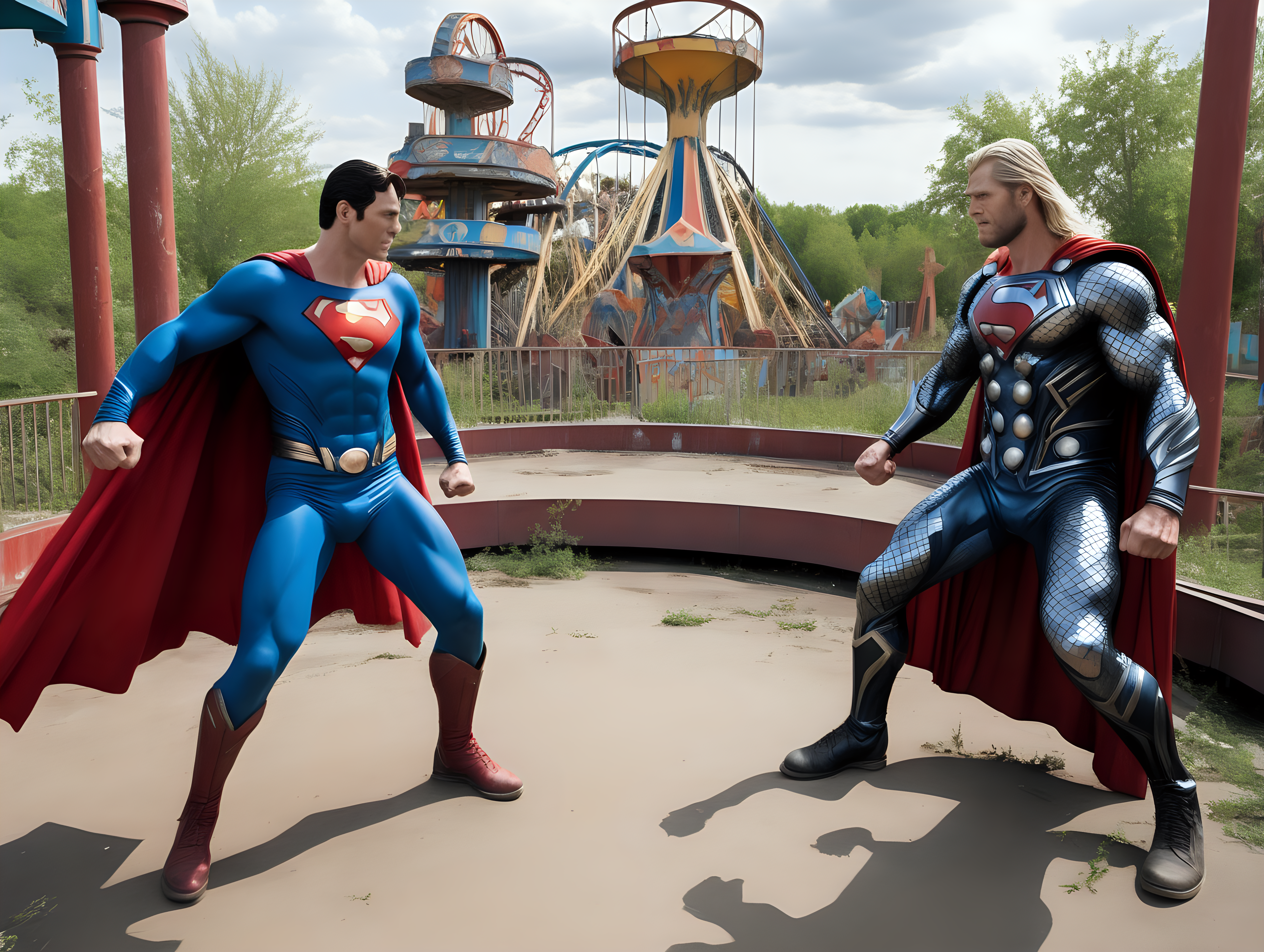 Superman fights Thor in an abandoned amusement park