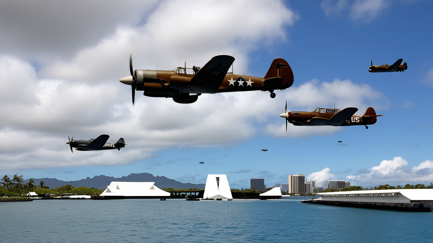 Squadron of  WW2 planes flying over USS Arizona Memorial