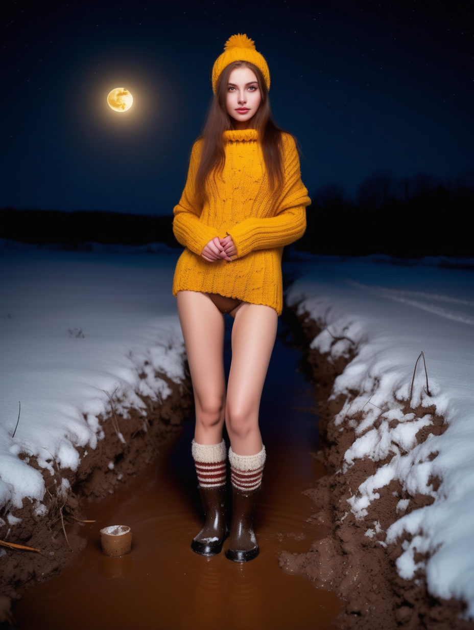 Night, only yellow moon. Deep winter in country side, deep snow and mud.
hOT GIRLwearing bikini SWIMWEAR ,hand made brown knitted without sleves sweater, KNITTED SOCKS AND rubber low boots  in mud. 