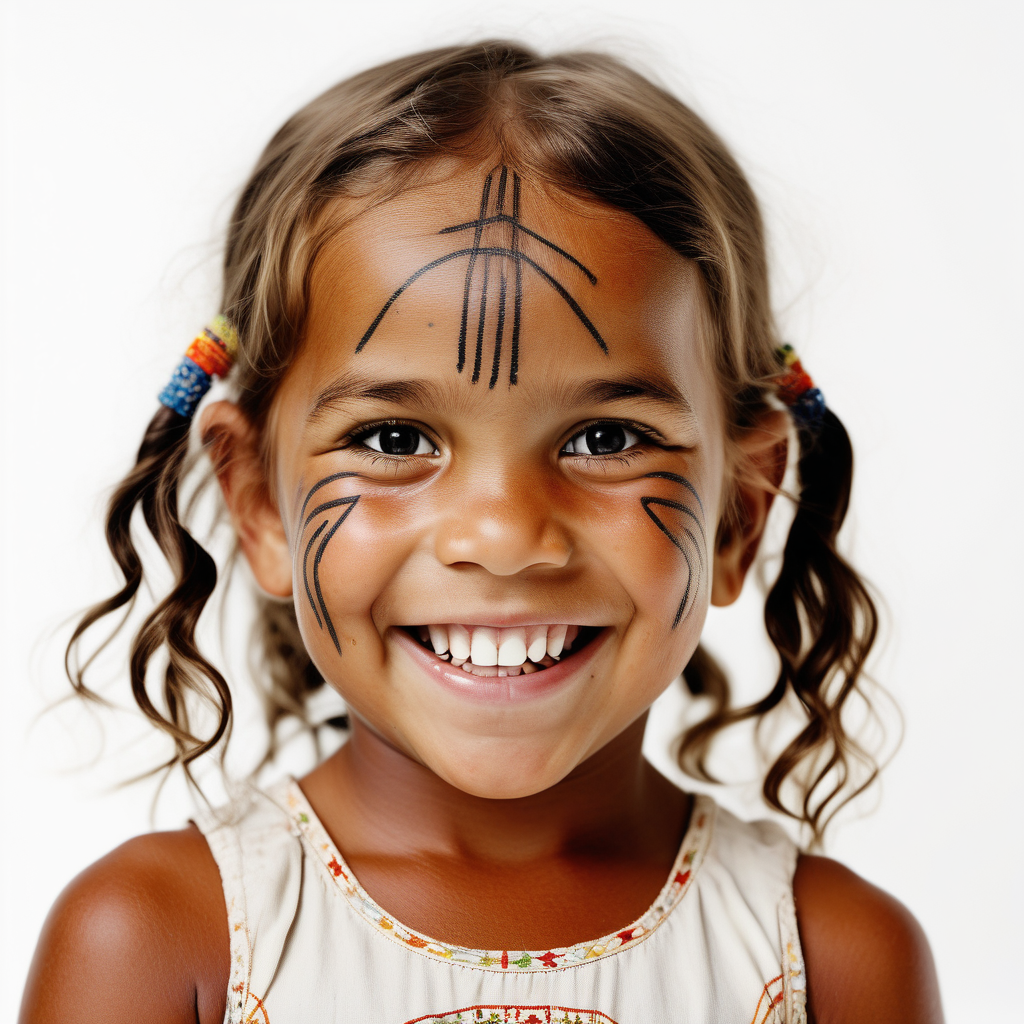 bílé pozadí_reálná tvář_dítě 3 roky_ holka_Austrálie_Aboriginové_usmívají se_je vidět celá hlava_usmívá se