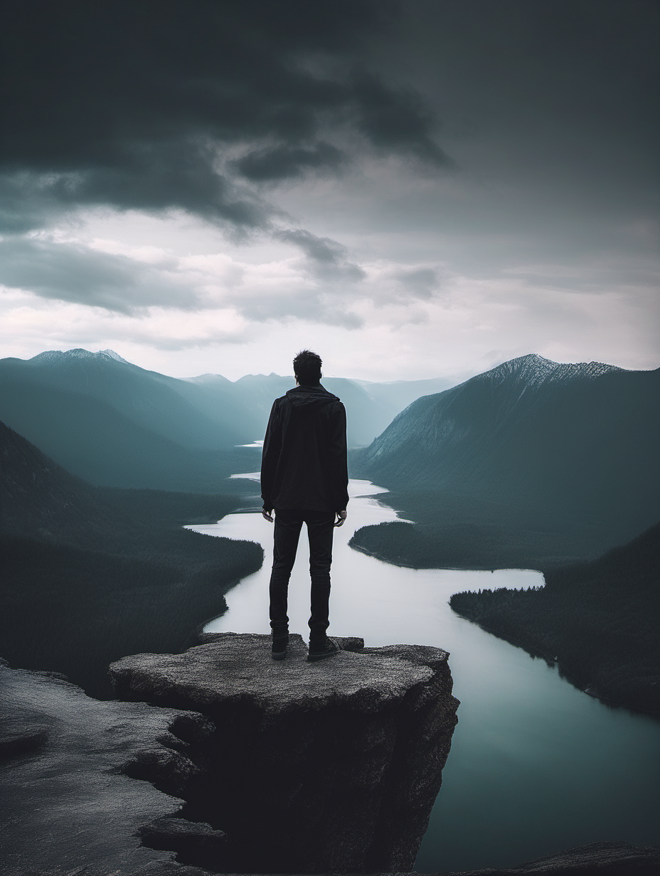 Man standing on the edge of a cliff looking at the view of Lake and mountains Dark themed