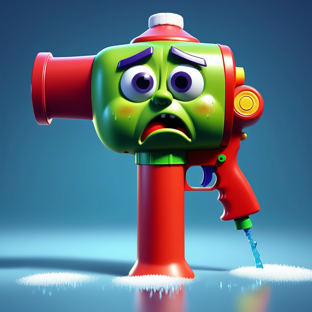 christmas watergun toy with a sad face crying; pixar style animation