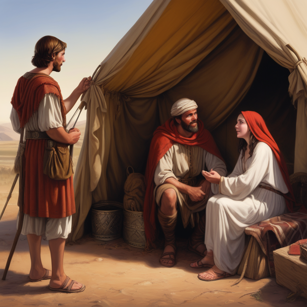 רבקה מאזינה לשיחת יצחק ועשיו שאומר לו שהוא יעניק לו את הברכות לאחר שיחזור מהצייד
רבקה אשת יצחק מאזינה לשיחתם כאשר הם בתוך האוהל והיא מאזינה במחוץ
